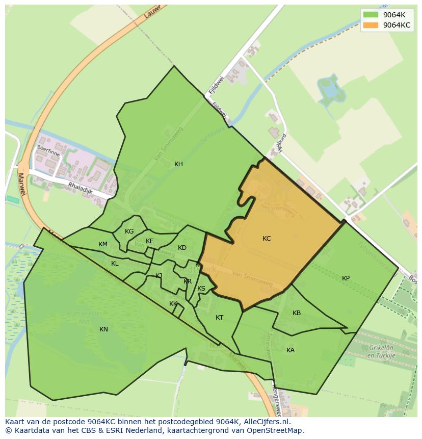 Afbeelding van het postcodegebied 9064 KC op de kaart.
