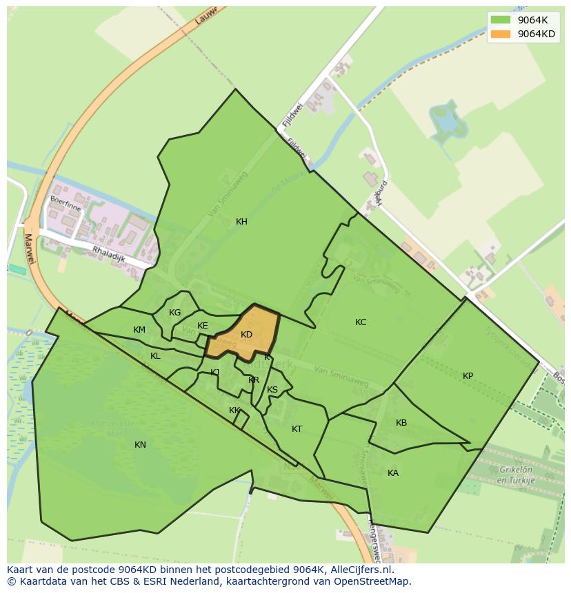 Afbeelding van het postcodegebied 9064 KD op de kaart.