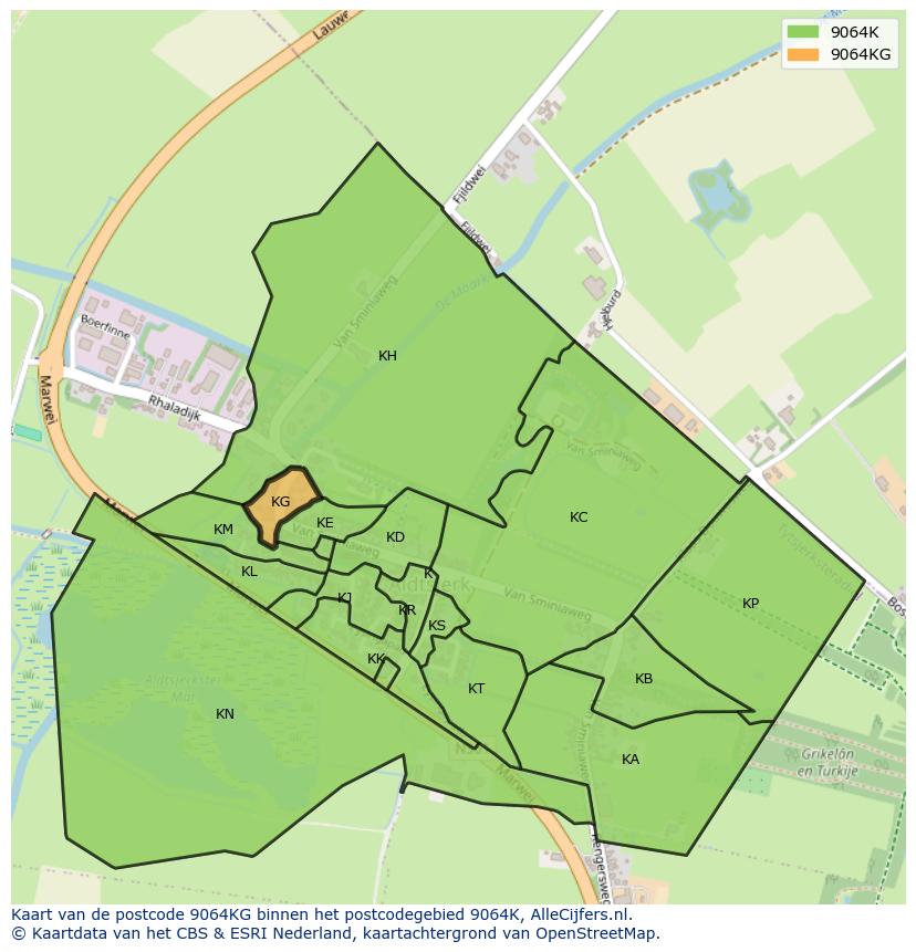 Afbeelding van het postcodegebied 9064 KG op de kaart.
