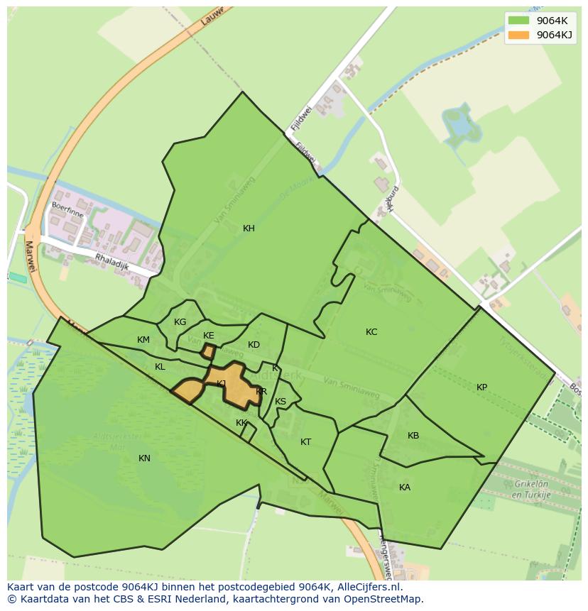 Afbeelding van het postcodegebied 9064 KJ op de kaart.