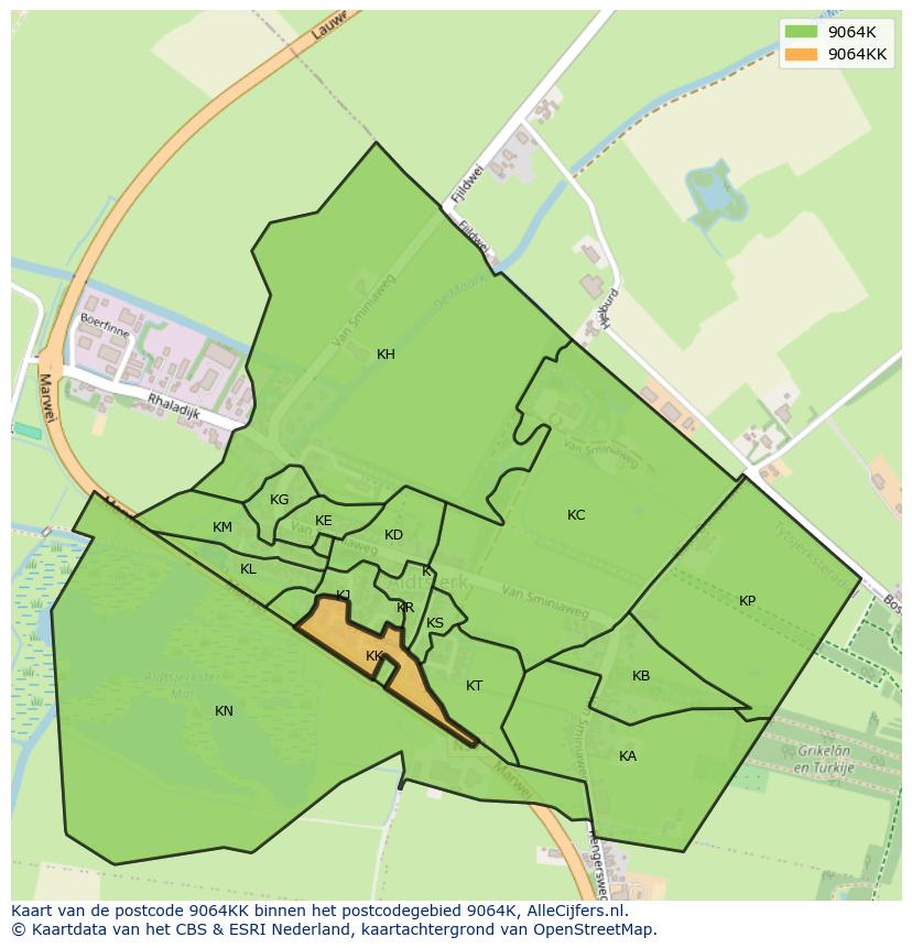 Afbeelding van het postcodegebied 9064 KK op de kaart.