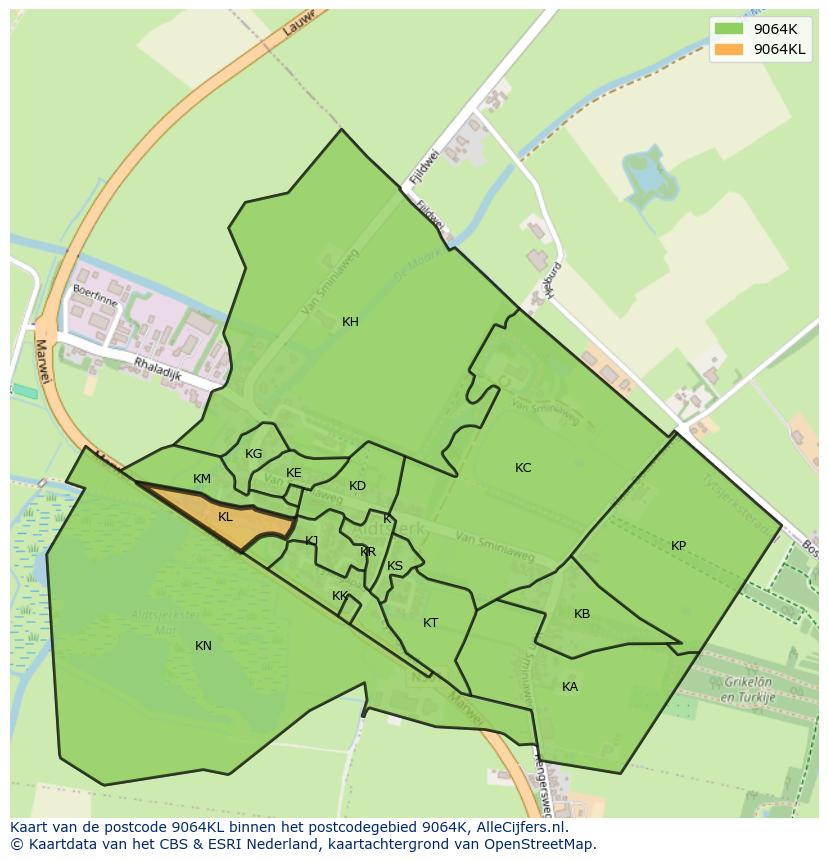 Afbeelding van het postcodegebied 9064 KL op de kaart.