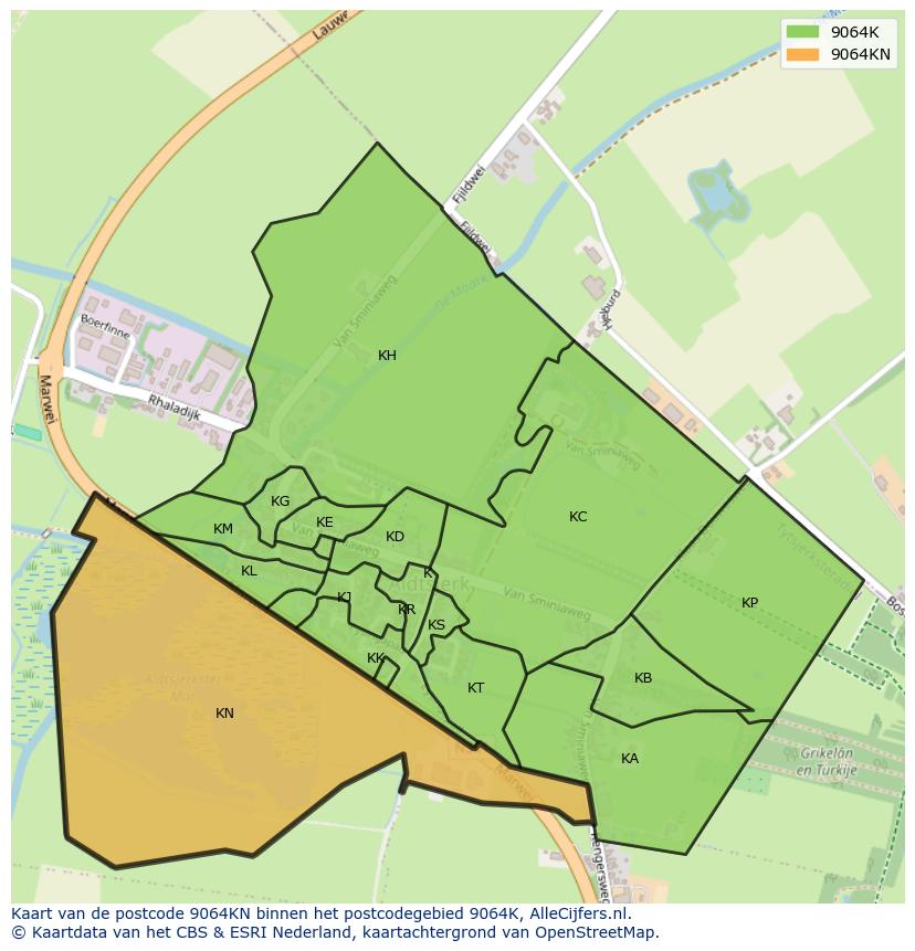 Afbeelding van het postcodegebied 9064 KN op de kaart.