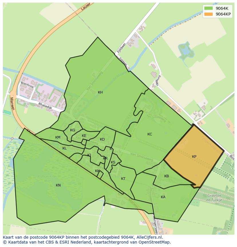 Afbeelding van het postcodegebied 9064 KP op de kaart.