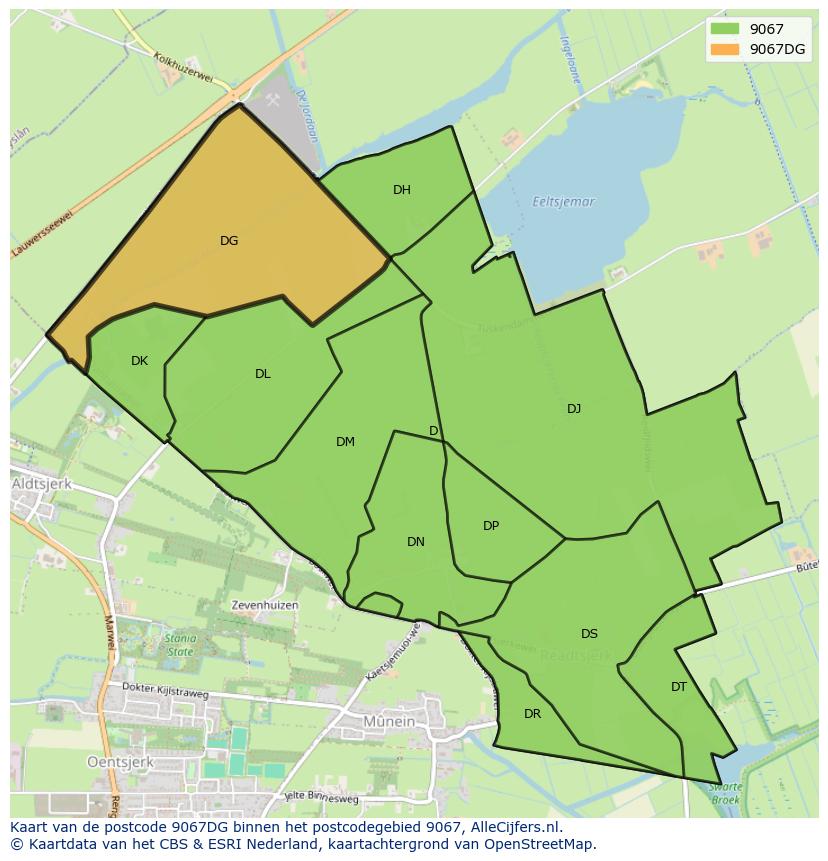 Afbeelding van het postcodegebied 9067 DG op de kaart.