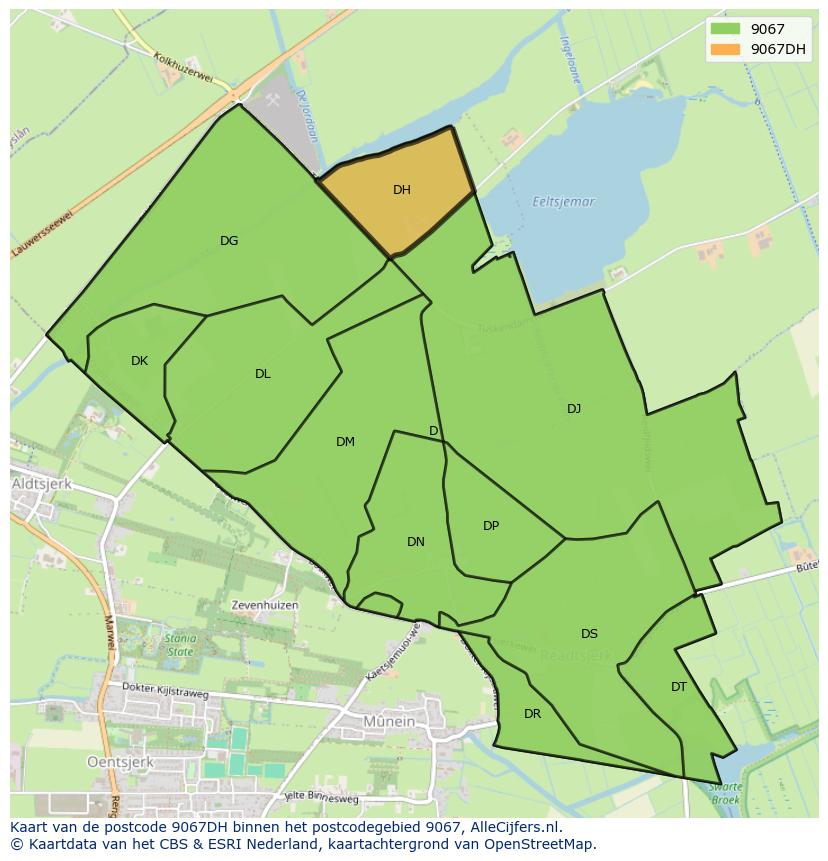 Afbeelding van het postcodegebied 9067 DH op de kaart.