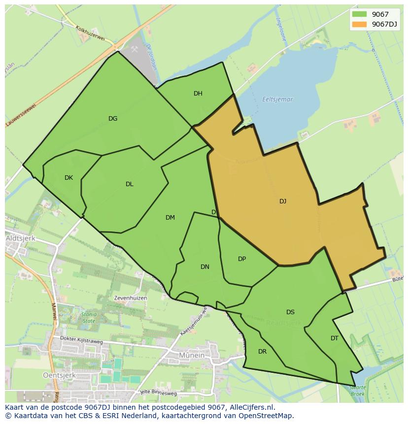 Afbeelding van het postcodegebied 9067 DJ op de kaart.
