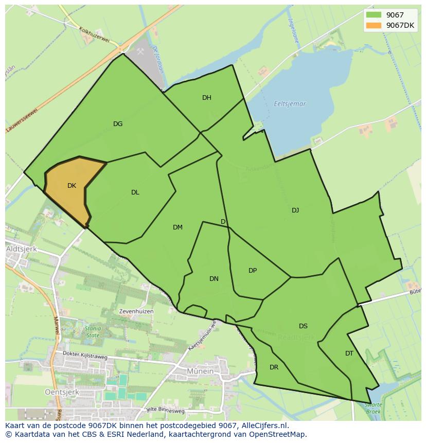 Afbeelding van het postcodegebied 9067 DK op de kaart.