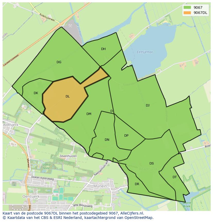 Afbeelding van het postcodegebied 9067 DL op de kaart.