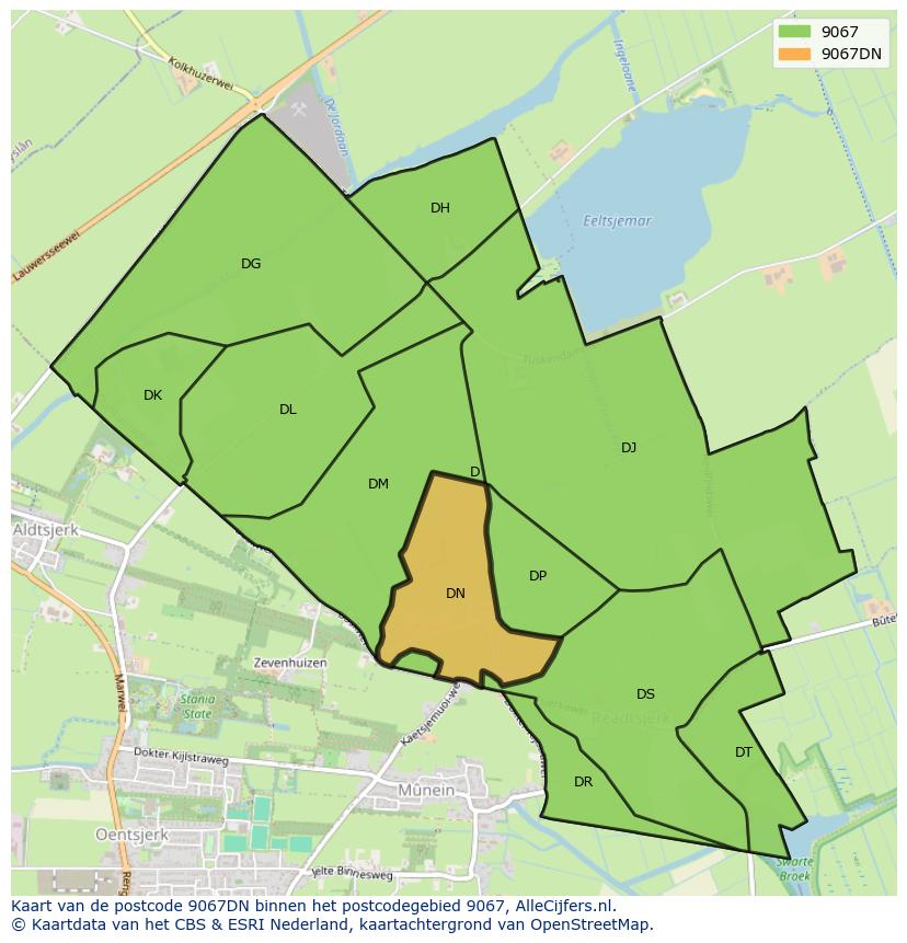 Afbeelding van het postcodegebied 9067 DN op de kaart.