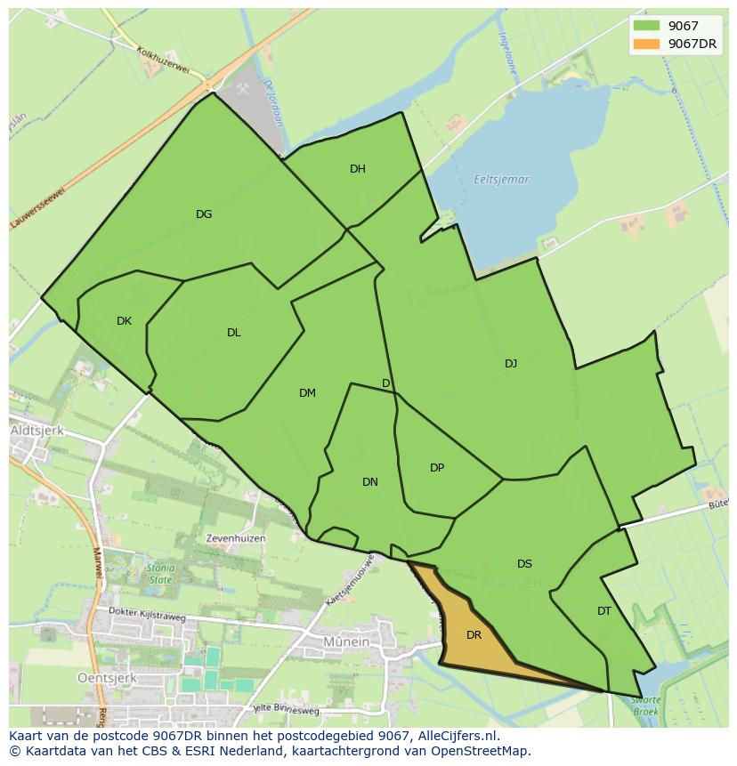Afbeelding van het postcodegebied 9067 DR op de kaart.