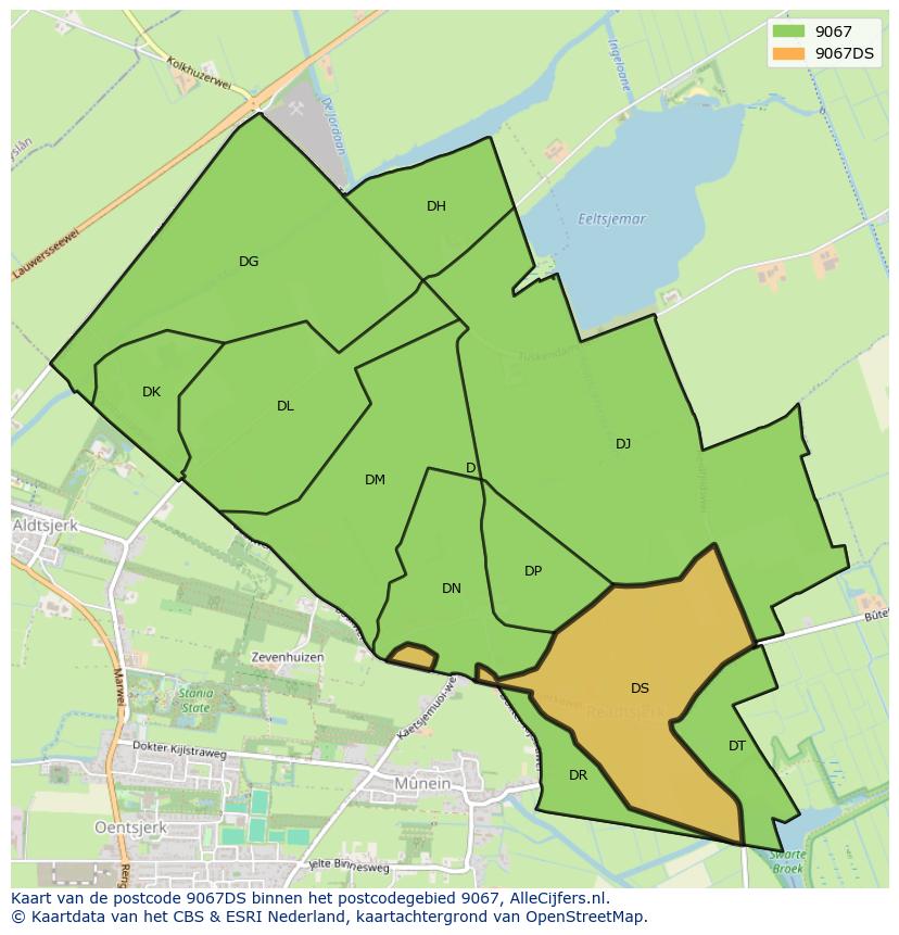 Afbeelding van het postcodegebied 9067 DS op de kaart.