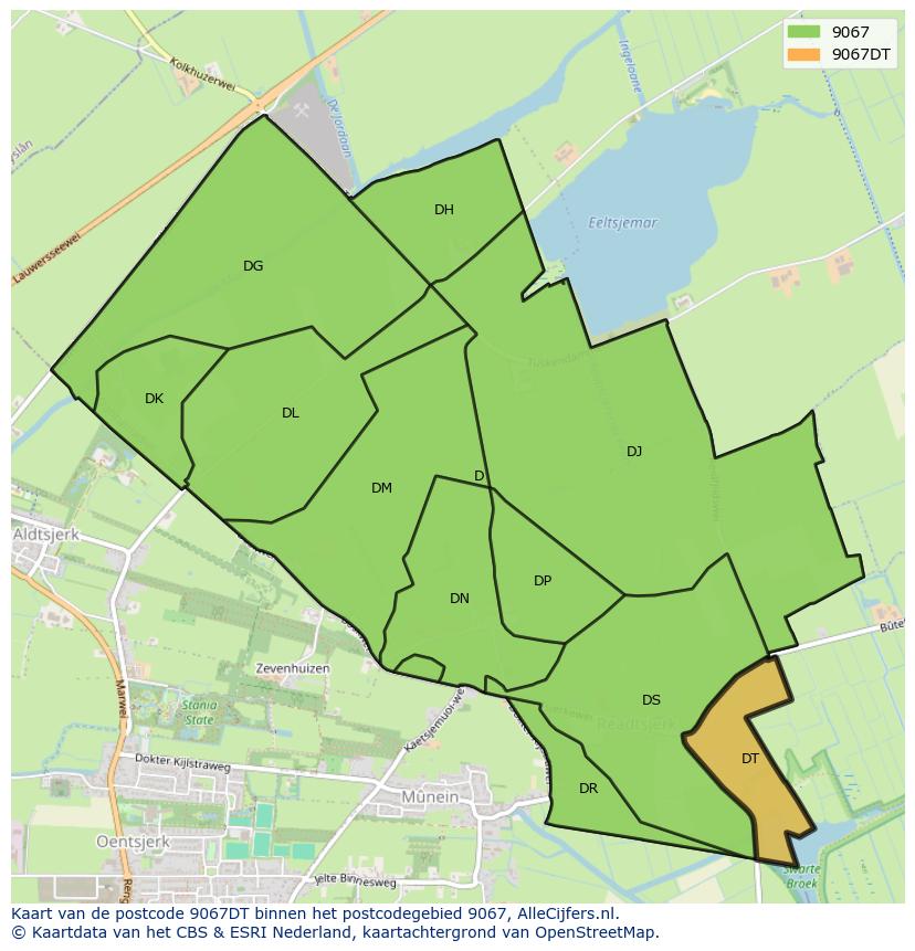 Afbeelding van het postcodegebied 9067 DT op de kaart.