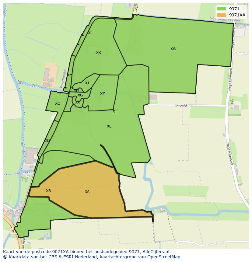 Afbeelding van het postcodegebied 9071 XA op de kaart.
