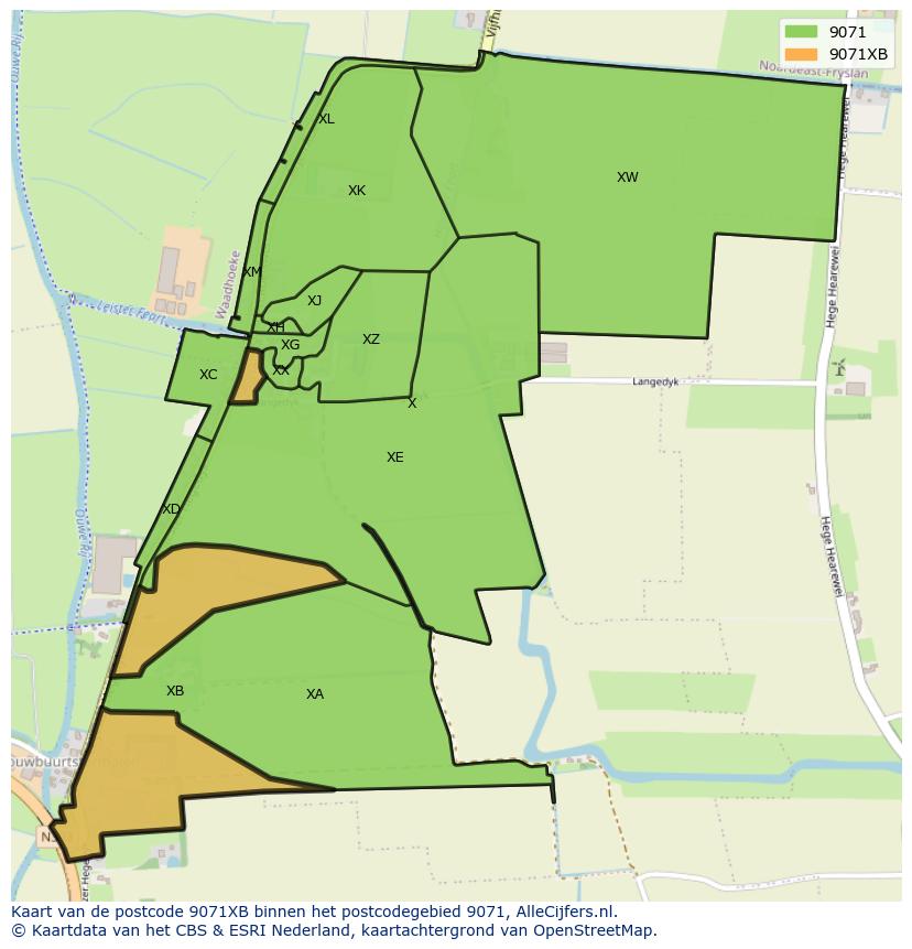 Afbeelding van het postcodegebied 9071 XB op de kaart.