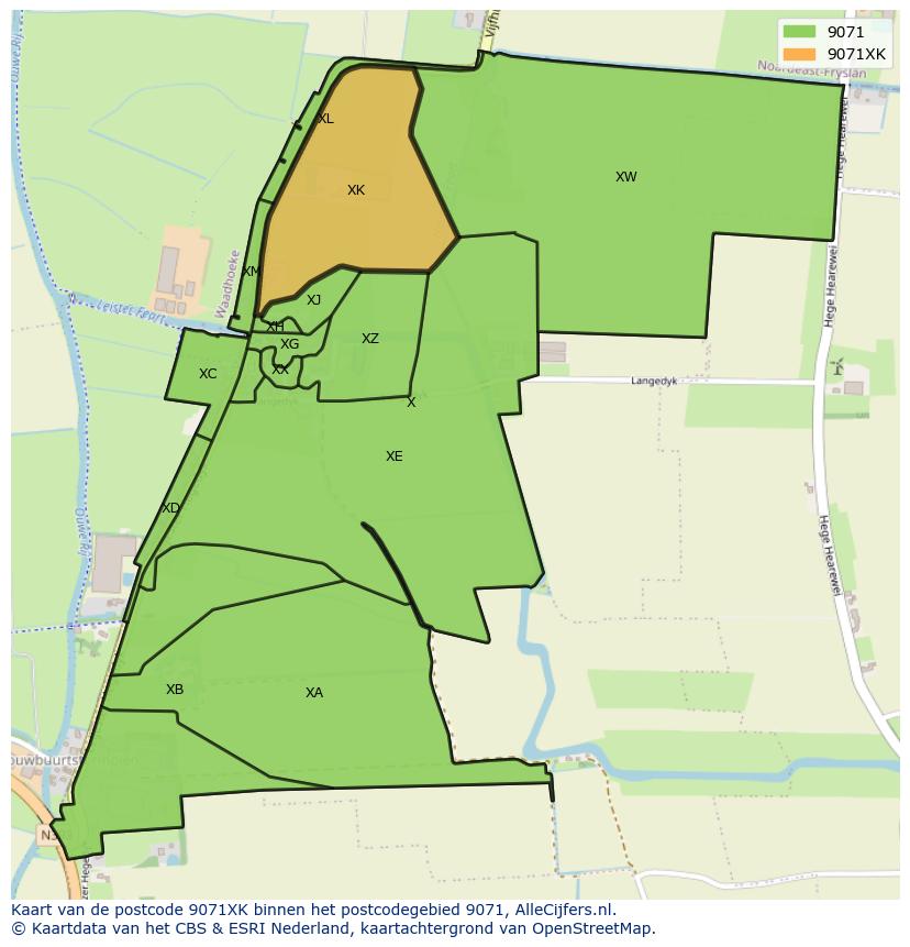 Afbeelding van het postcodegebied 9071 XK op de kaart.