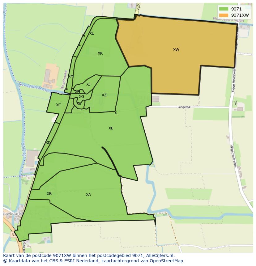 Afbeelding van het postcodegebied 9071 XW op de kaart.