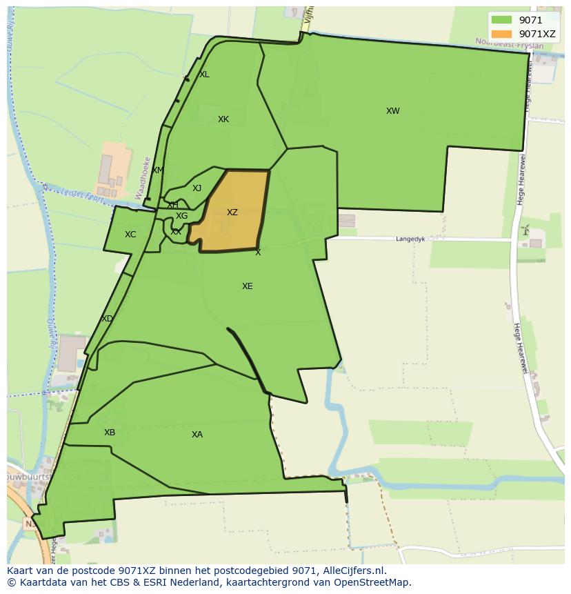 Afbeelding van het postcodegebied 9071 XZ op de kaart.