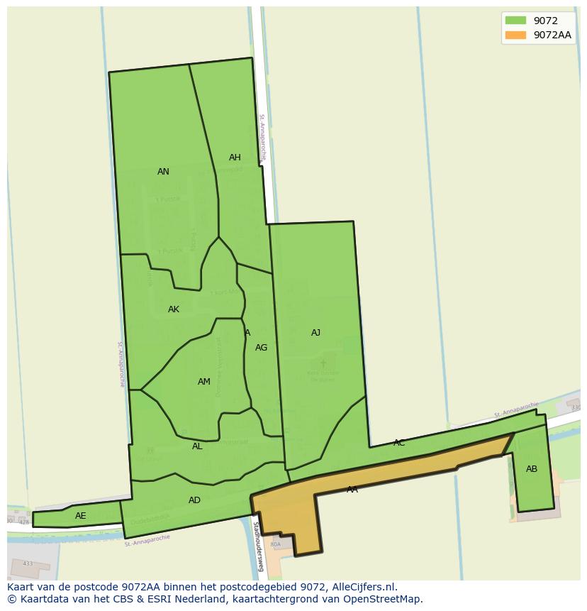 Afbeelding van het postcodegebied 9072 AA op de kaart.