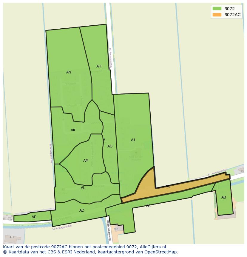 Afbeelding van het postcodegebied 9072 AC op de kaart.