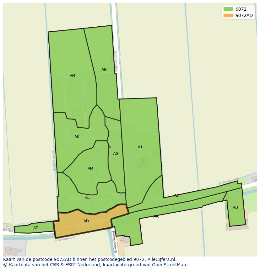 Afbeelding van het postcodegebied 9072 AD op de kaart.