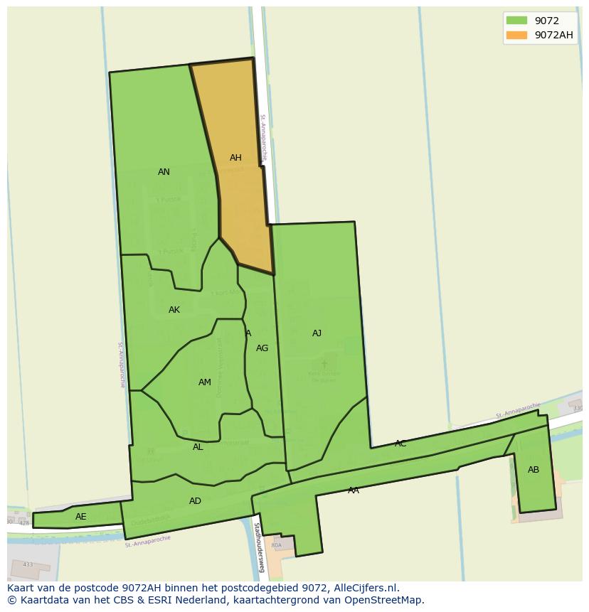 Afbeelding van het postcodegebied 9072 AH op de kaart.