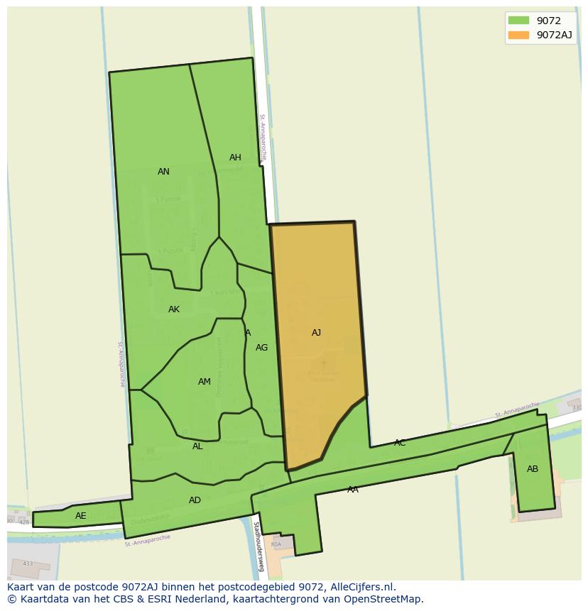 Afbeelding van het postcodegebied 9072 AJ op de kaart.