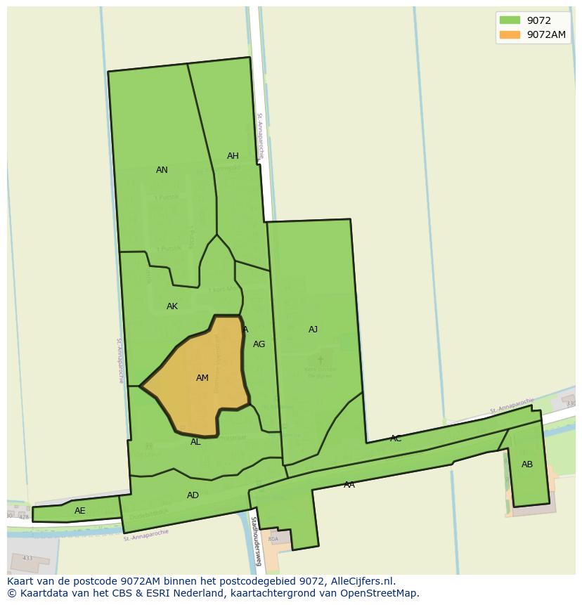 Afbeelding van het postcodegebied 9072 AM op de kaart.