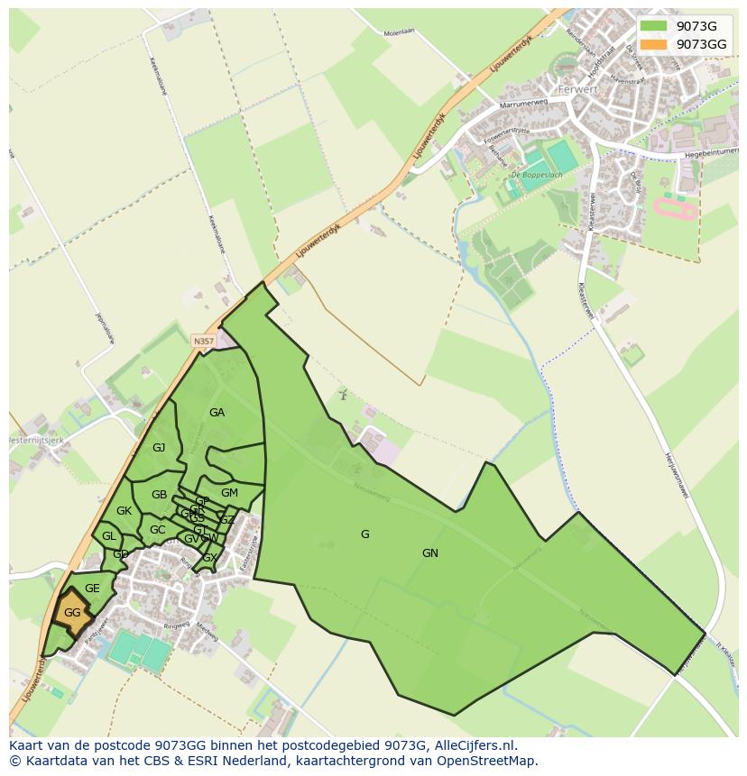 Afbeelding van het postcodegebied 9073 GG op de kaart.