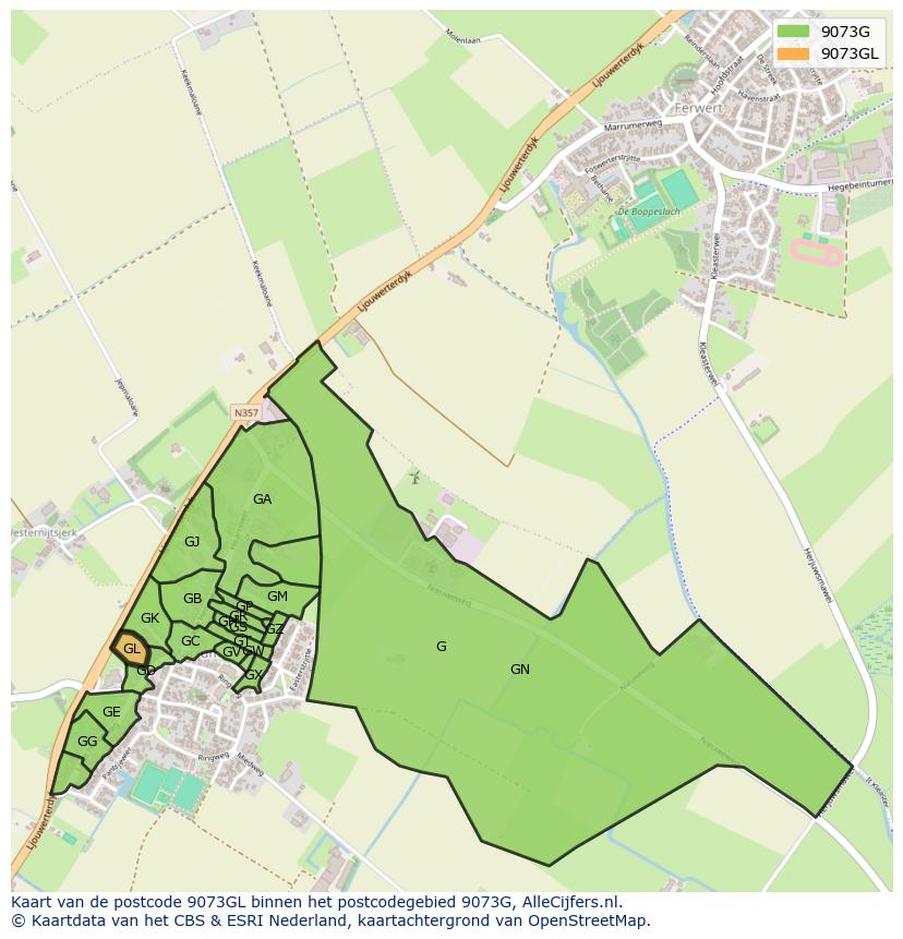 Afbeelding van het postcodegebied 9073 GL op de kaart.