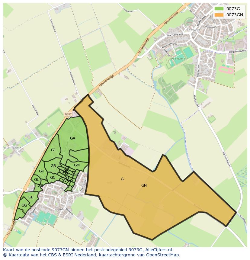 Afbeelding van het postcodegebied 9073 GN op de kaart.