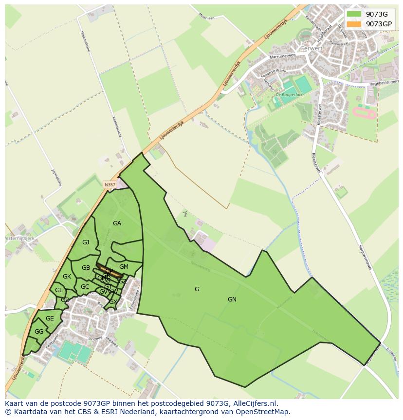 Afbeelding van het postcodegebied 9073 GP op de kaart.