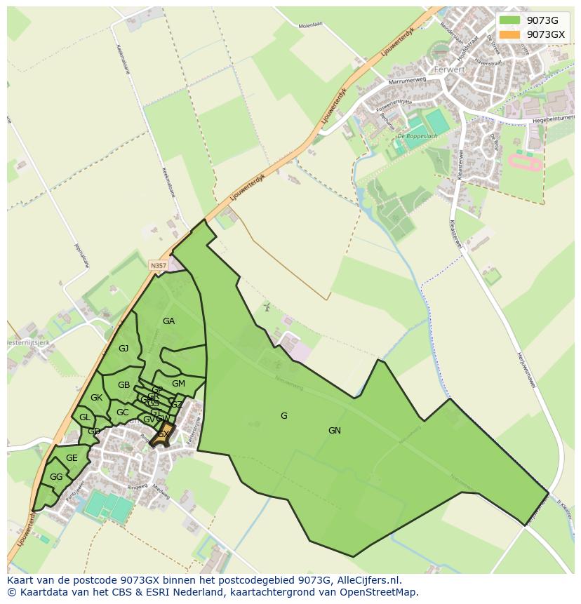 Afbeelding van het postcodegebied 9073 GX op de kaart.