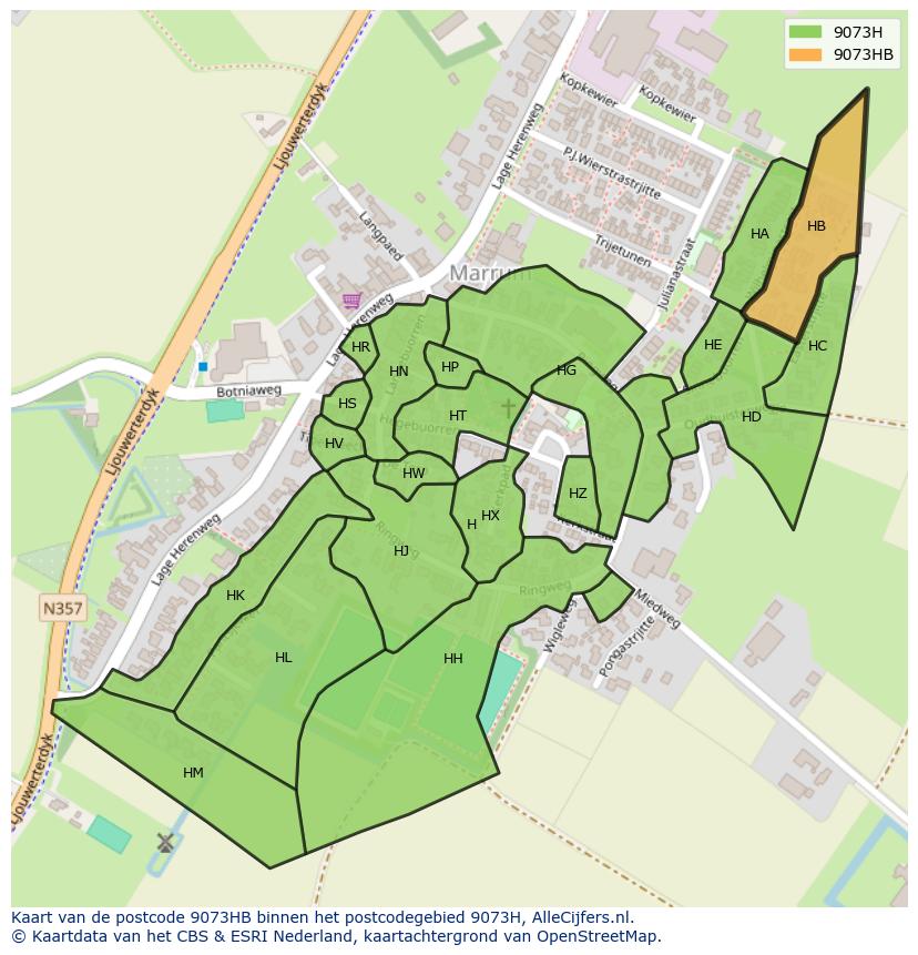 Afbeelding van het postcodegebied 9073 HB op de kaart.