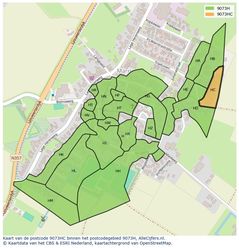 Afbeelding van het postcodegebied 9073 HC op de kaart.