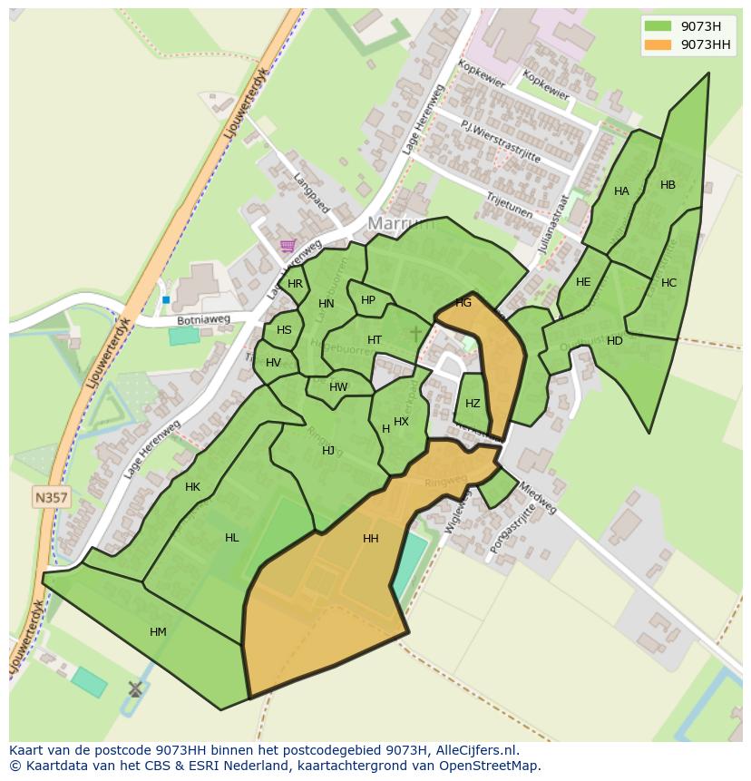 Afbeelding van het postcodegebied 9073 HH op de kaart.