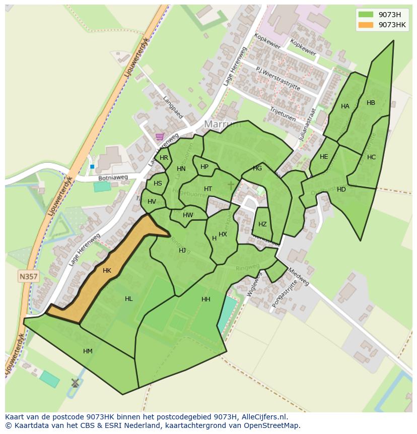 Afbeelding van het postcodegebied 9073 HK op de kaart.