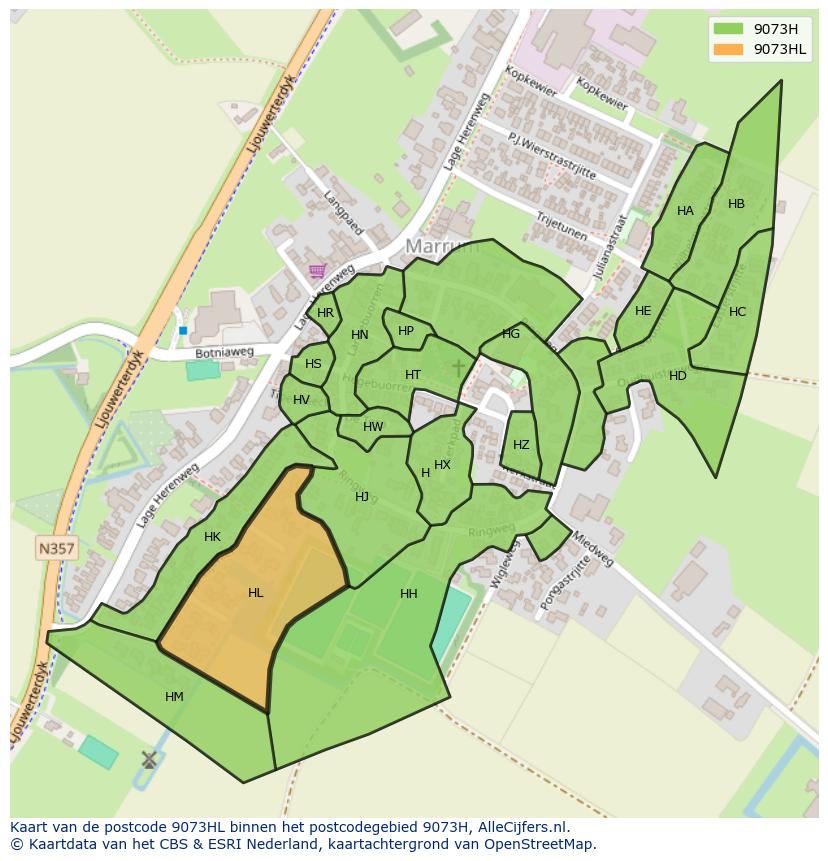 Afbeelding van het postcodegebied 9073 HL op de kaart.