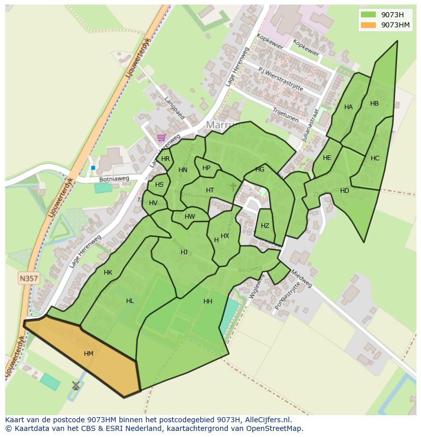 Afbeelding van het postcodegebied 9073 HM op de kaart.
