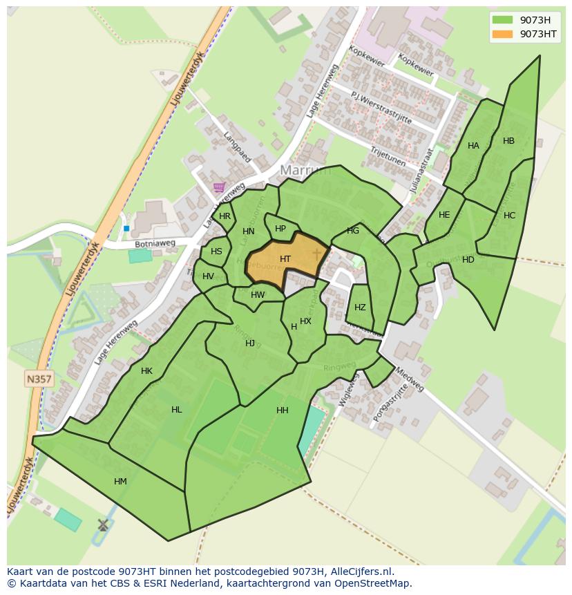 Afbeelding van het postcodegebied 9073 HT op de kaart.