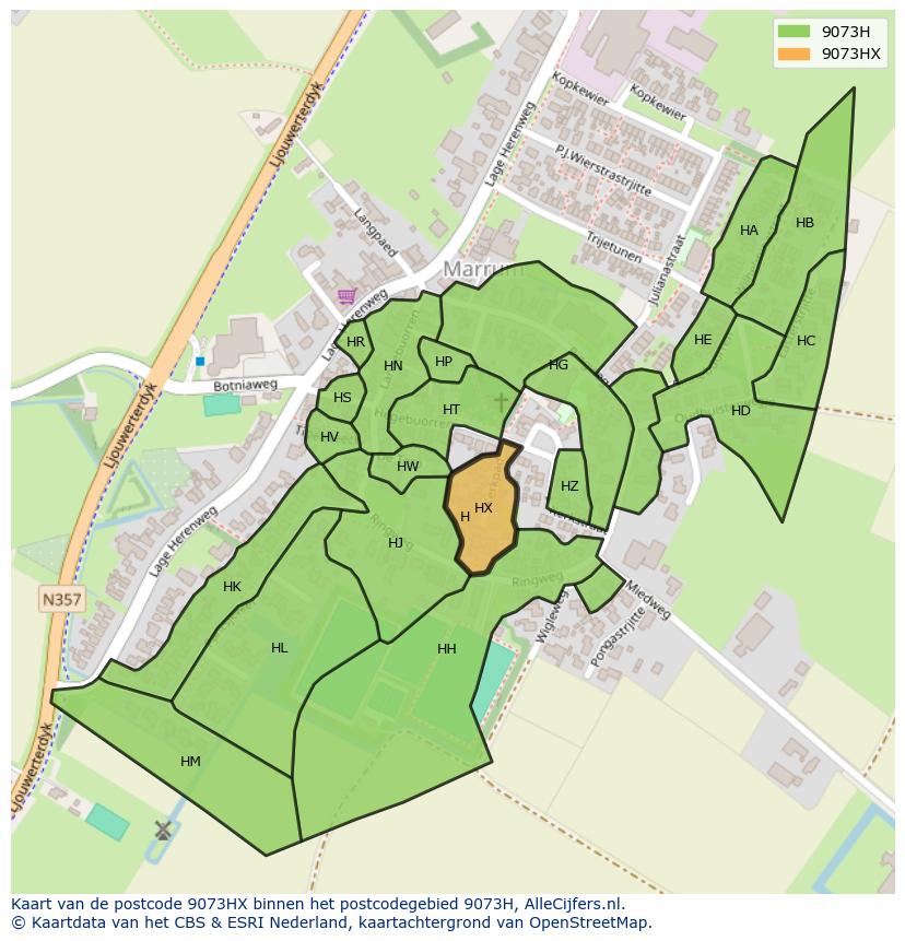Afbeelding van het postcodegebied 9073 HX op de kaart.
