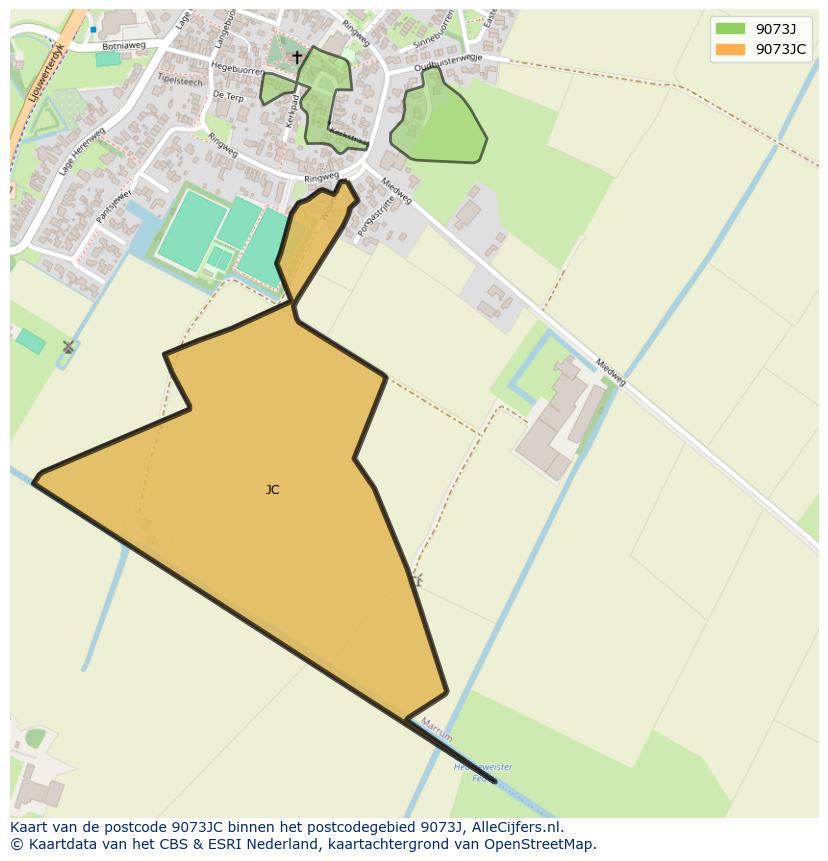 Afbeelding van het postcodegebied 9073 JC op de kaart.