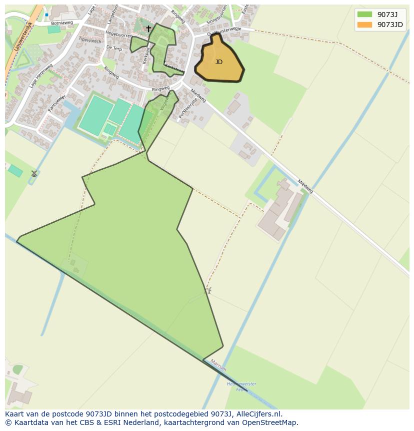 Afbeelding van het postcodegebied 9073 JD op de kaart.