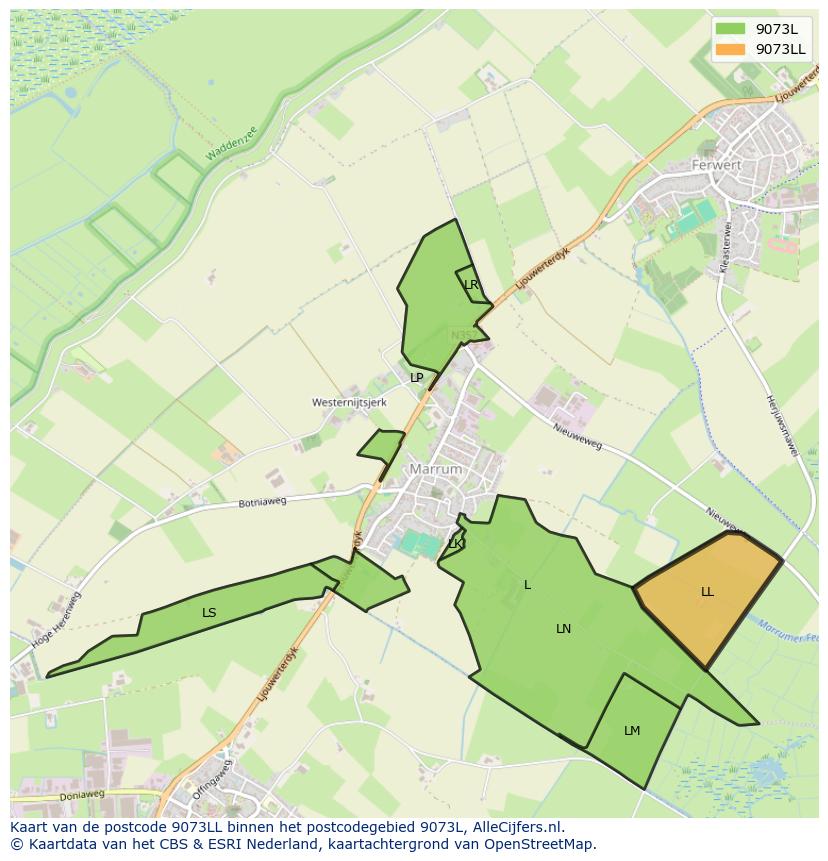 Afbeelding van het postcodegebied 9073 LL op de kaart.