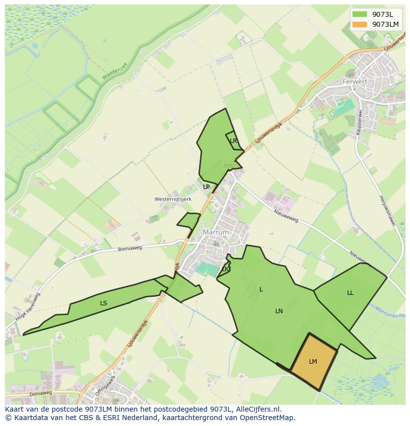 Afbeelding van het postcodegebied 9073 LM op de kaart.