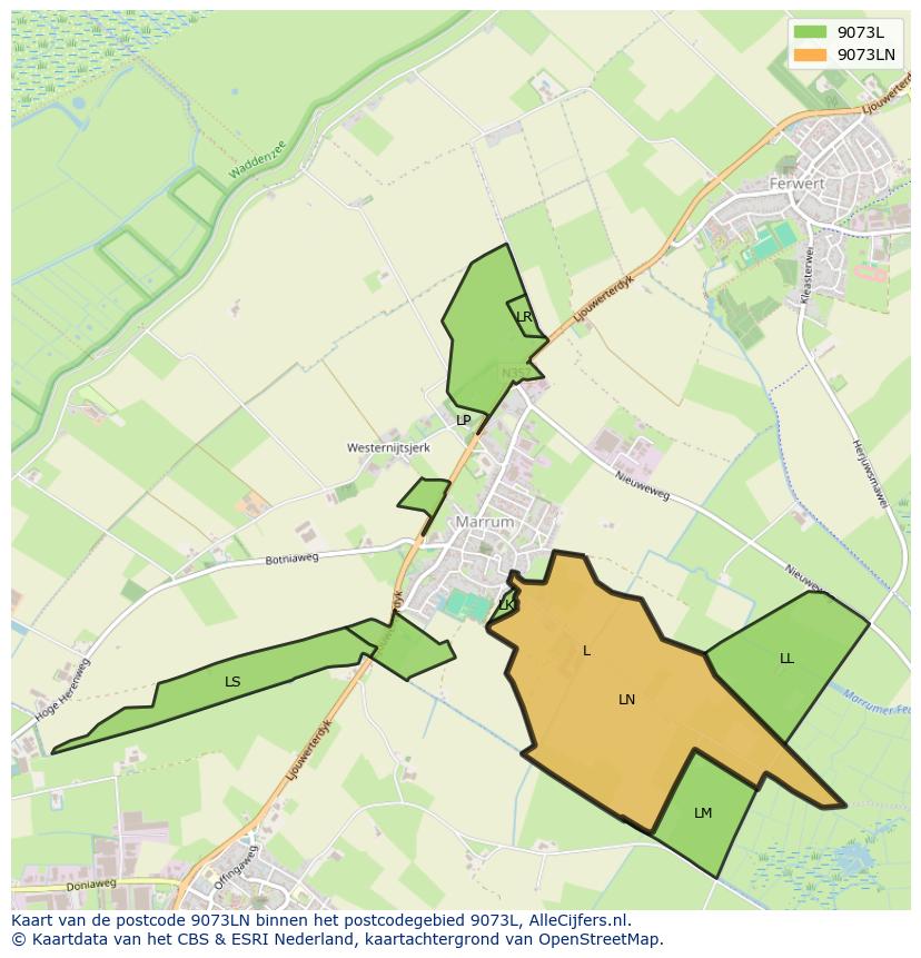 Afbeelding van het postcodegebied 9073 LN op de kaart.