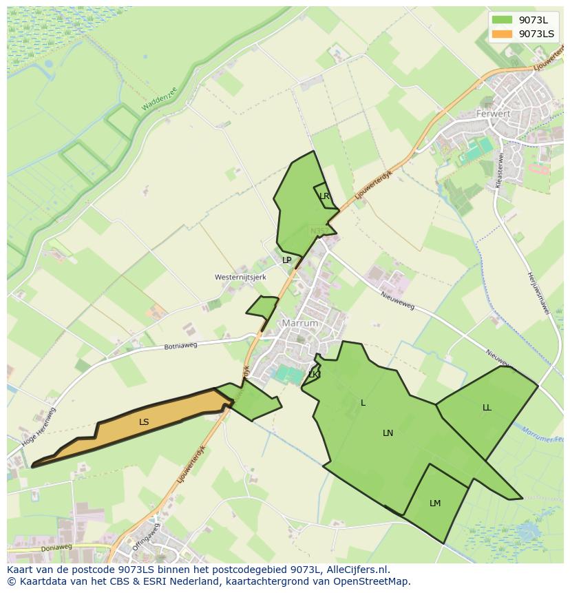 Afbeelding van het postcodegebied 9073 LS op de kaart.
