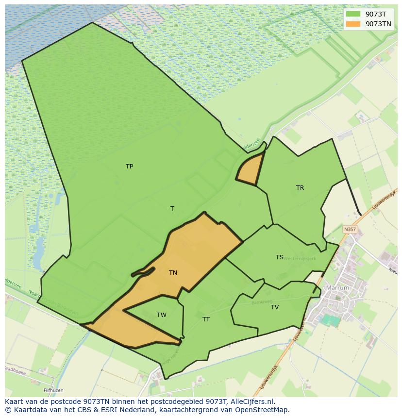Afbeelding van het postcodegebied 9073 TN op de kaart.