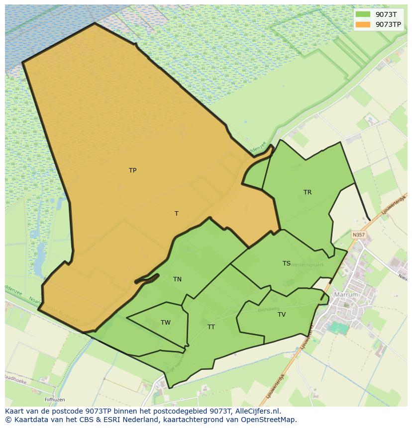 Afbeelding van het postcodegebied 9073 TP op de kaart.