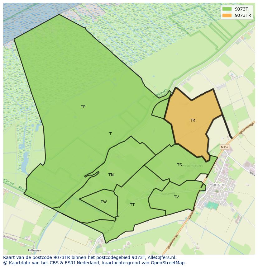 Afbeelding van het postcodegebied 9073 TR op de kaart.